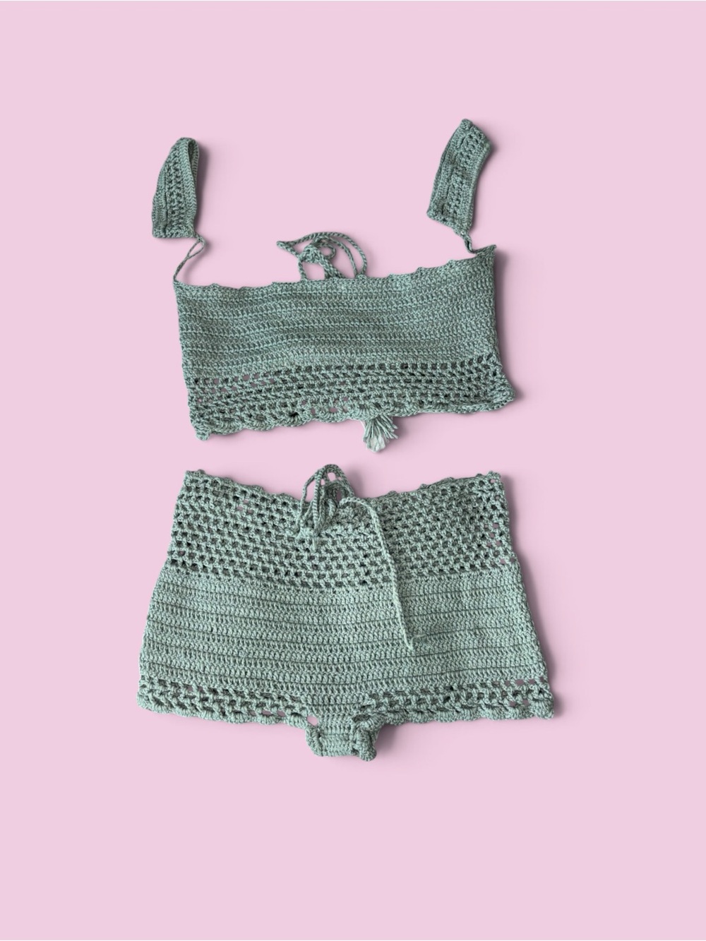 Handmade Crocheted Two-Piece Set in Sage Green